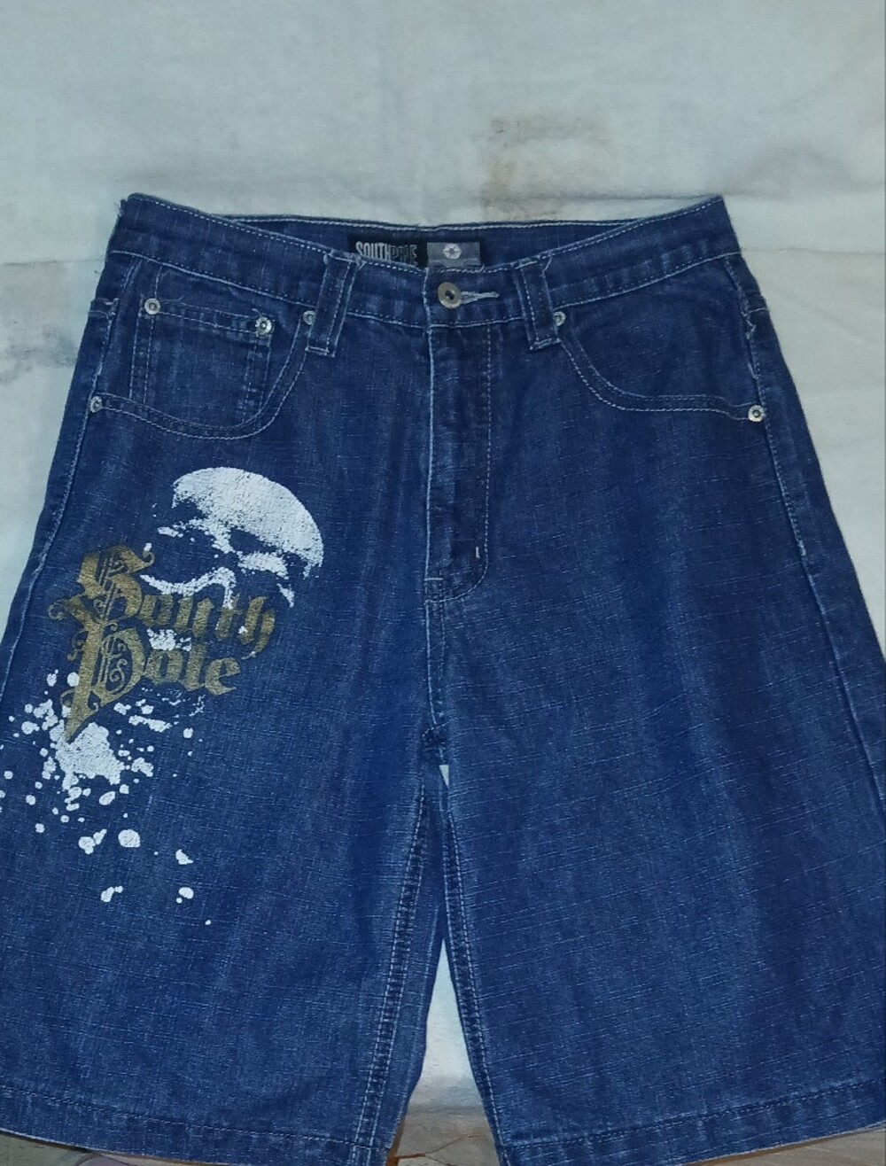 2000's South Pole Kids/Youth Med/Dark Wash Blue Jorts w/ Skull Graphic Pockets